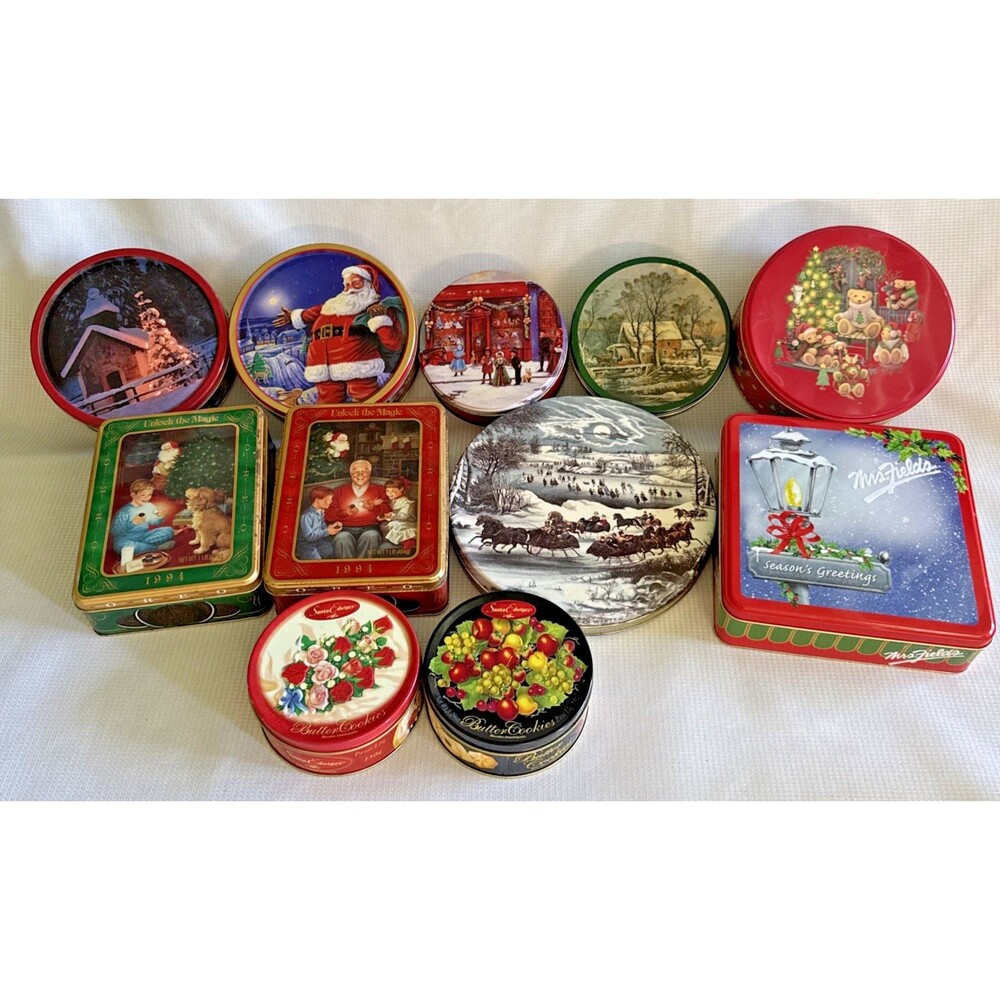 Vintage Holiday Cookie Candy Tins Lot of 11 Holly Santa Claus Presents Christmas